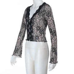 Lace hem long sleeve v neck button top