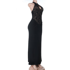 Halter hollow out ruched lace cut out maxi dress