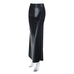 PU leather zip-up solid maxi skirt