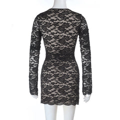 Long sleeve lace self tie hollow out cut out mini dress