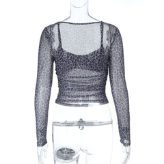 Leopard print long sleeve ruched u neck top