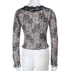 Lace hem long sleeve v neck button top