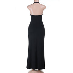 Halter hollow out ruched lace cut out maxi dress