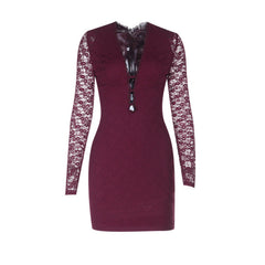 Lace long sleeve v neck zip-up solid mini dress