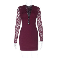 Lace long sleeve v neck zip-up solid mini dress