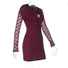 Lace long sleeve v neck zip-up solid mini dress