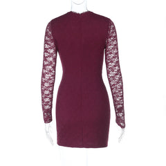 Lace long sleeve v neck zip-up solid mini dress