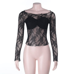 Long sleeve lace round neck solid top
