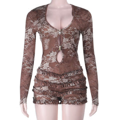 Ruffle long sleeve hollow out print romper
