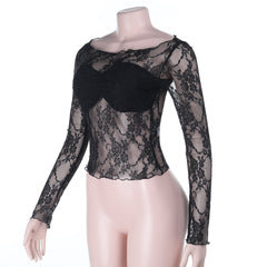 Long sleeve lace round neck solid top