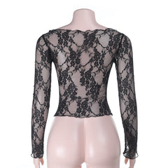 Long sleeve lace round neck solid top