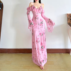 V neck off shoulder flower print mesh maxi dress
