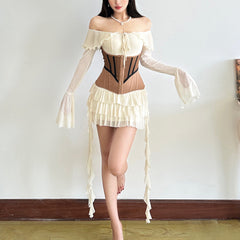 Off shoulder long flared ruffle corset mini dress