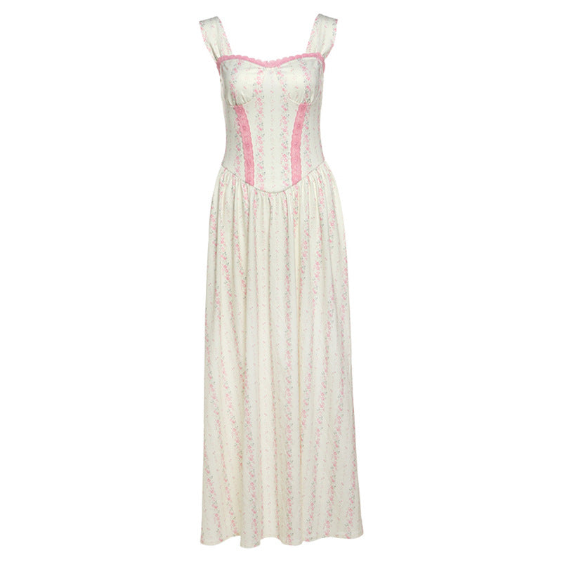 Flower print lace hem maxi dress