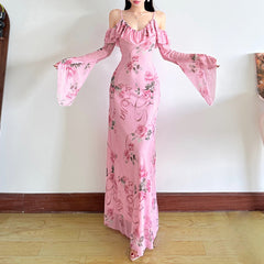 V neck off shoulder flower print mesh maxi dress