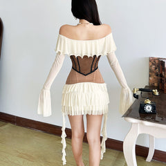 Off shoulder long flared ruffle corset mini dress