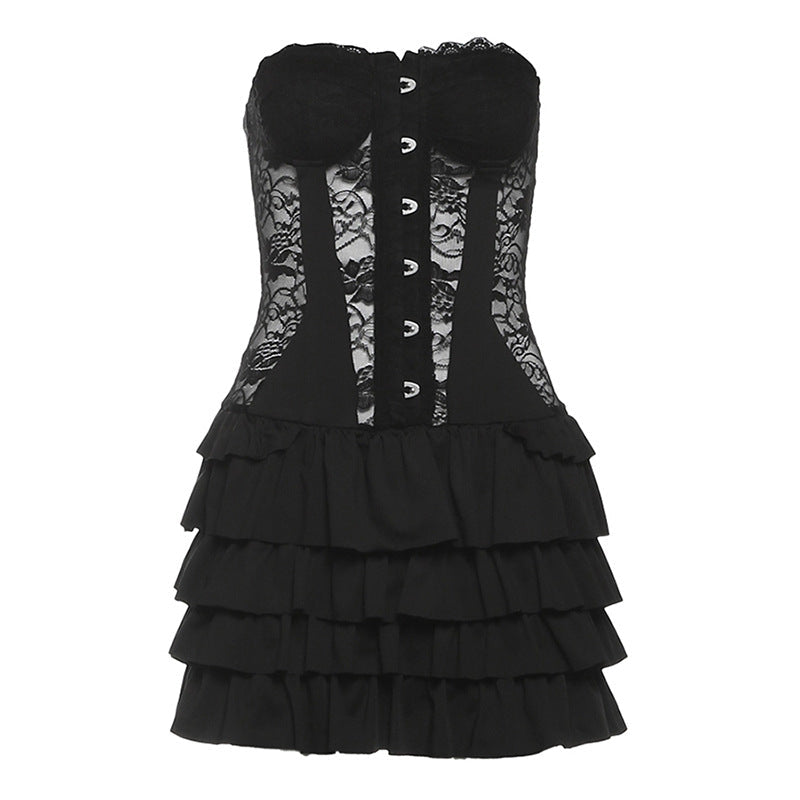 Sweetheart neck button ruffle lace mini dress