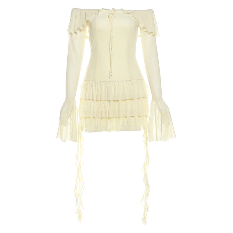 Off shoulder long flared ruffle corset mini dress