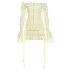 Off shoulder long flared ruffle corset mini dress
