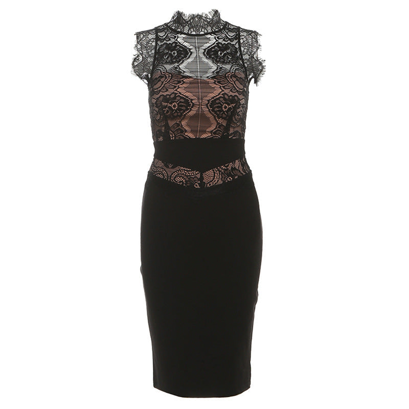 Sleeveless lace zip-up midi dress