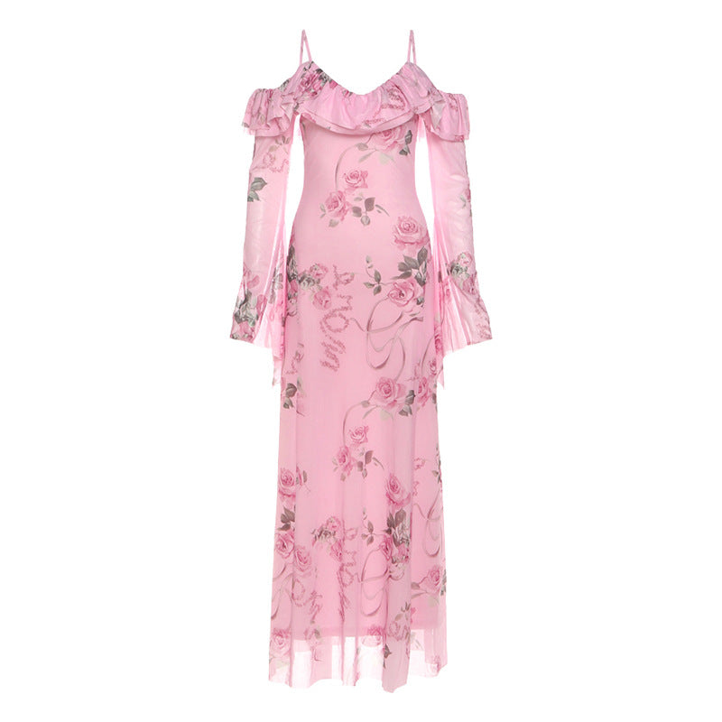 V neck off shoulder flower print mesh maxi dress