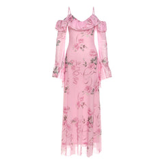 V neck off shoulder flower print mesh maxi dress