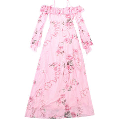 V neck off shoulder flower print mesh maxi dress