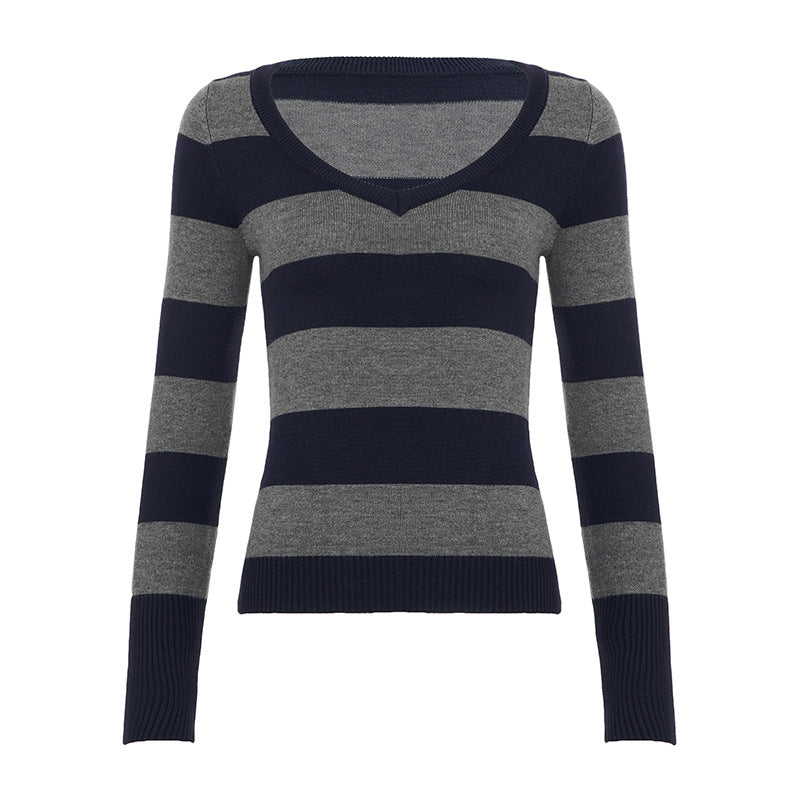 Striped print v neck long sleeve top