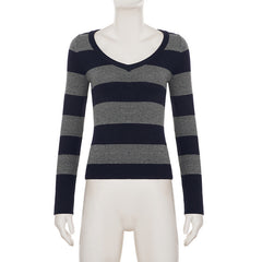Striped print v neck long sleeve top