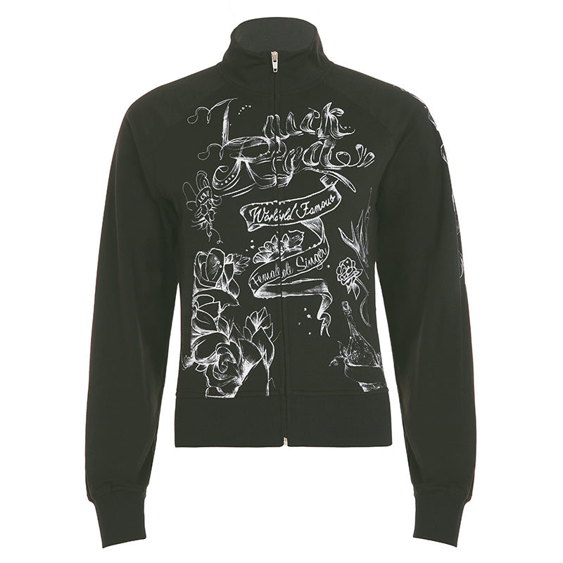 Long sleeve high neck abstract zip-up coat top
