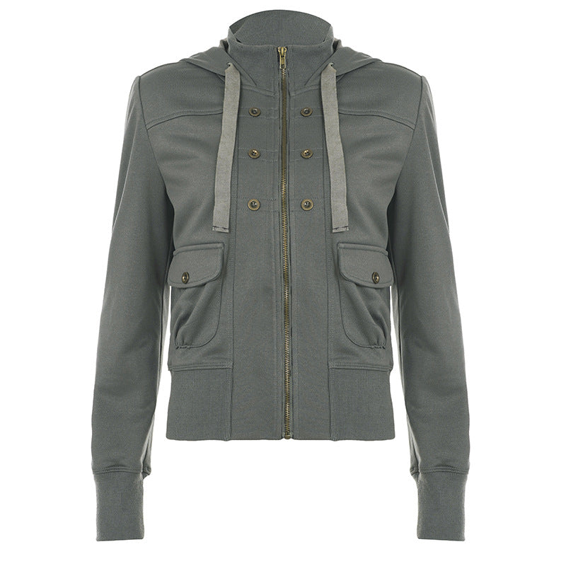 Hoodie long sleeve zip-up pocket coat top