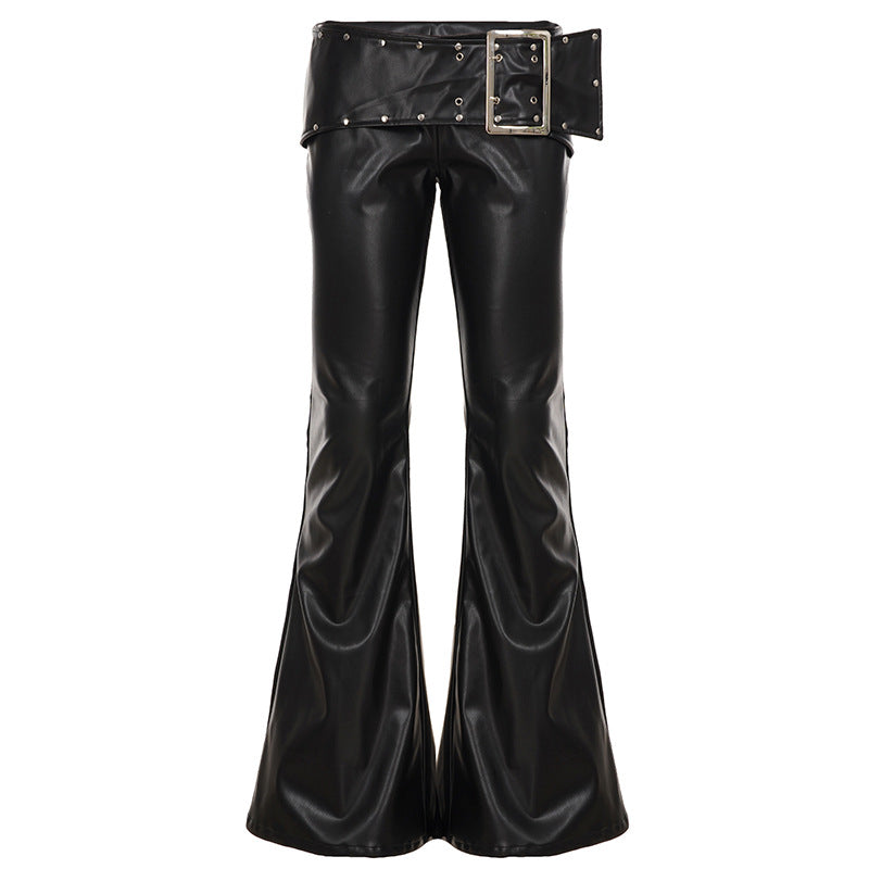 PU leather buckle low rise pant