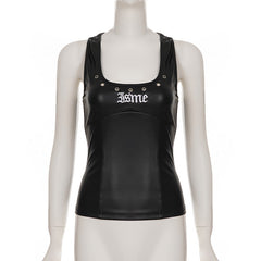 PU leather letter embroidery u neck tank top
