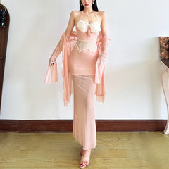 Halter ruched mesh lace patchwork maxi dress