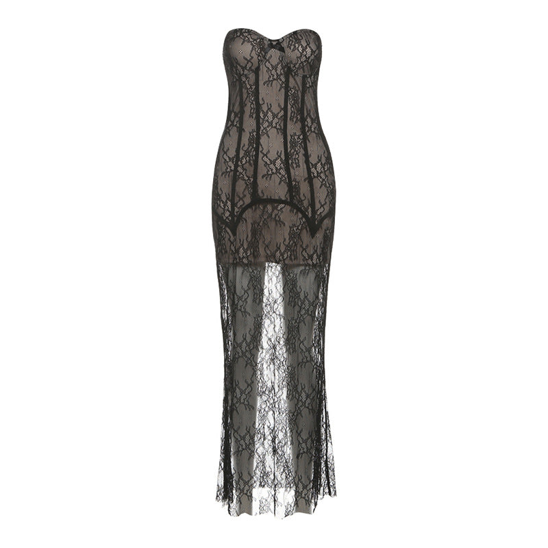 Sweetheart neck bustier lace maxi dress