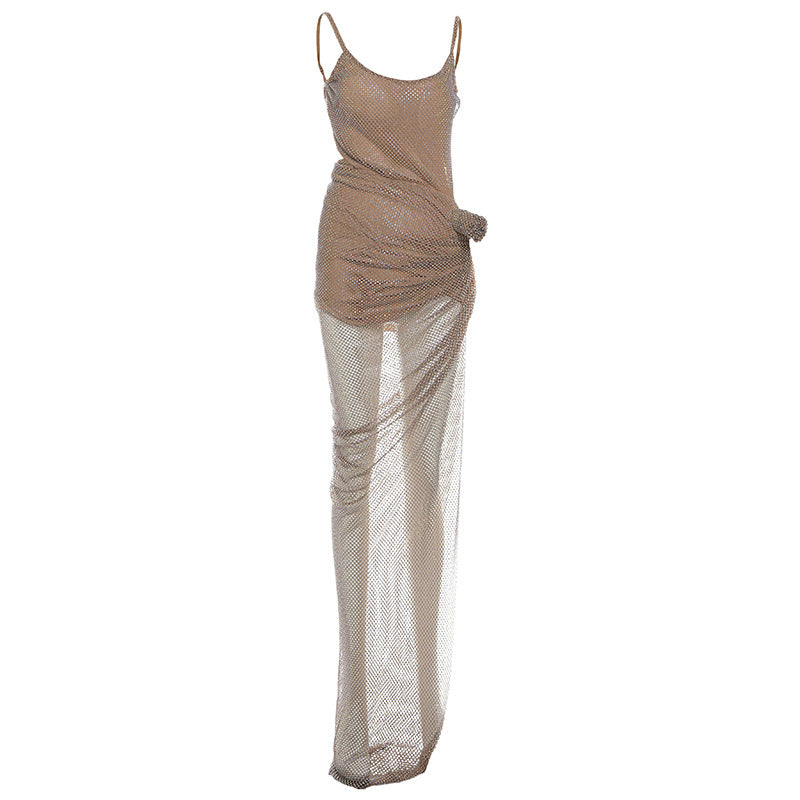 U neck glitter backless fishnet slit cami maxi dress