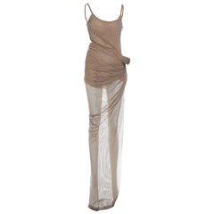 U neck glitter backless fishnet slit cami maxi dress