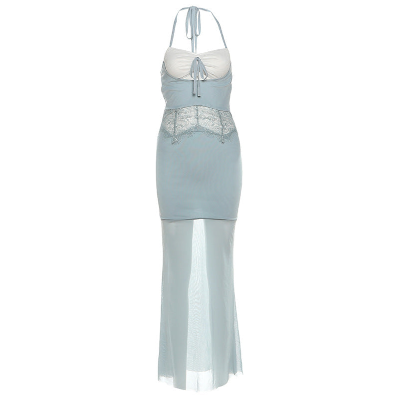 Halter ruched mesh lace patchwork maxi dress
