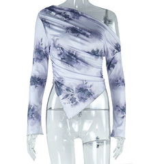 One shoulder long sleeve flower print irregular top