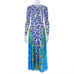 Long sleeve crewneck contrast print maxi dress