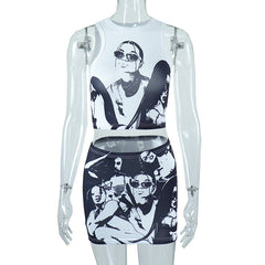 Sleeveless abstract print crewneck mini skirt set
