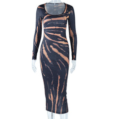 U neck long sleeve print maxi dress