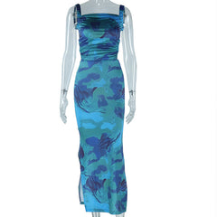 Square neck ruched print backless self tie cami maxi dress