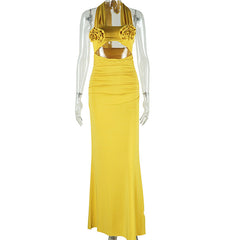 Halter flower applique hollow out cut out maxi dress