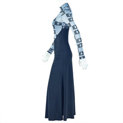 High neck long sleeve ruched print maxi dress