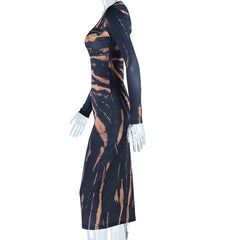 U neck long sleeve print maxi dress