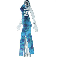 Square neck ruched print backless self tie cami maxi dress