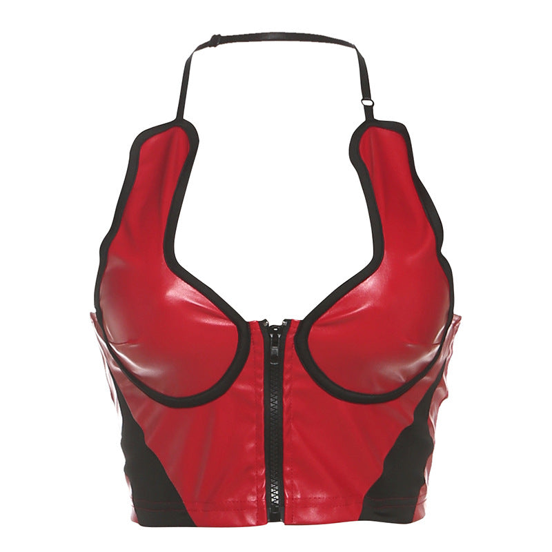 Halter zip-up v neck PU leather crop top