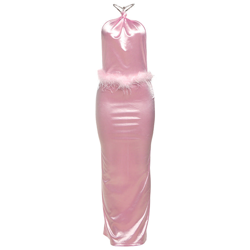 Halter slit feather backless maxi dress