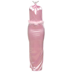 Halter slit feather backless maxi dress